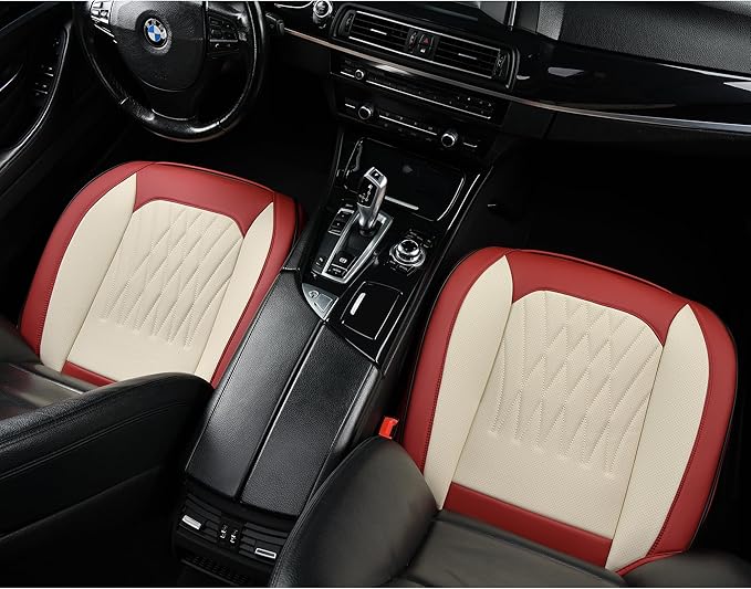 2 Pack Front Car Seat Bottom Covers, Universal Auto Seat Cushions, Nappa Leather Full Wrapping Edge Compatible with Most of Vehicles - SUVs/Sedans/Pickup Trucks, Wine Red&White