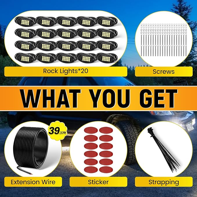 YONEDA 20 Pods White Rock Lights 6000K Ultra Bright LED Neon Underglow Lights IP68 Waterproof for Trucks SUV UTV ATV RZR Car Boats Pickup Motorcycle with 39.37in Extension Wire