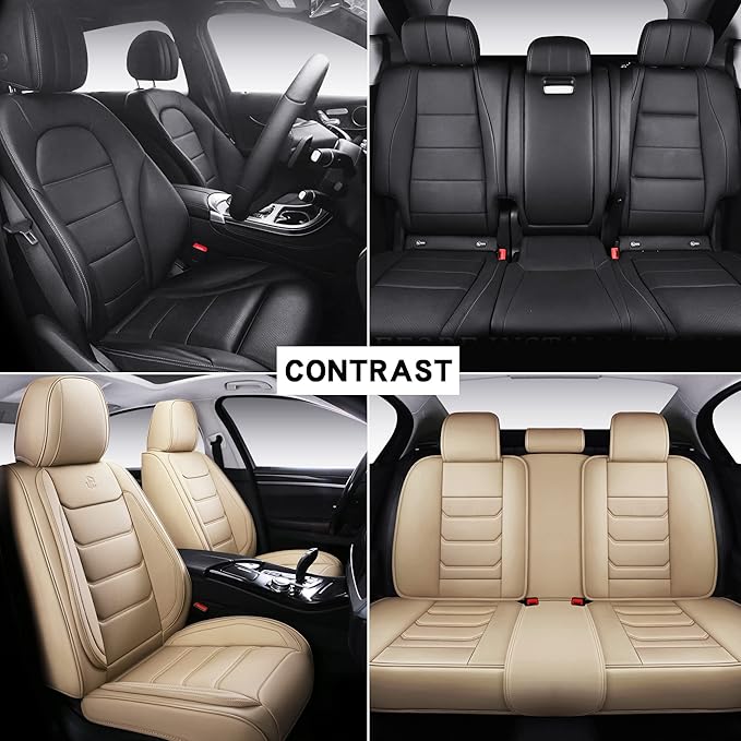 Full Coverage Faux Leather Car Seat Covers Full Set,Automotive Seat Covers for Cars,SUVs Pick-up Truck, Car Seat Cushion, Beige Seat Covers for 5 Seats,Car Seat Protector