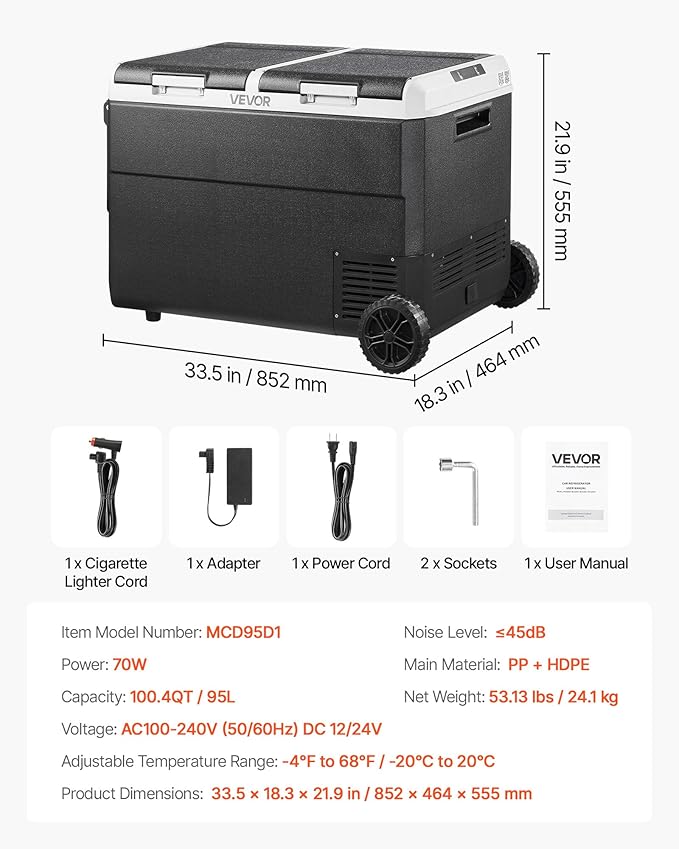 VEVOR 12 Volt Car Refrigerator, 100.4QT/95L Car Fridge, Dual Zone Portable Electric Cooler with Wheels and Handle, -4℉~68℉, 12/24V DC 100-240V AC Compressor Freezer for Outdoor, Camping, Travel, RV