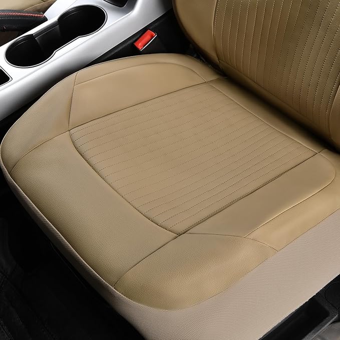 Flying Banner Synthetic Leather car seat Covers Full Set Front and Rear Bench Fashion Easy Installation Cup Holder Free (Solid Beige, Low Bucket - Full Set)