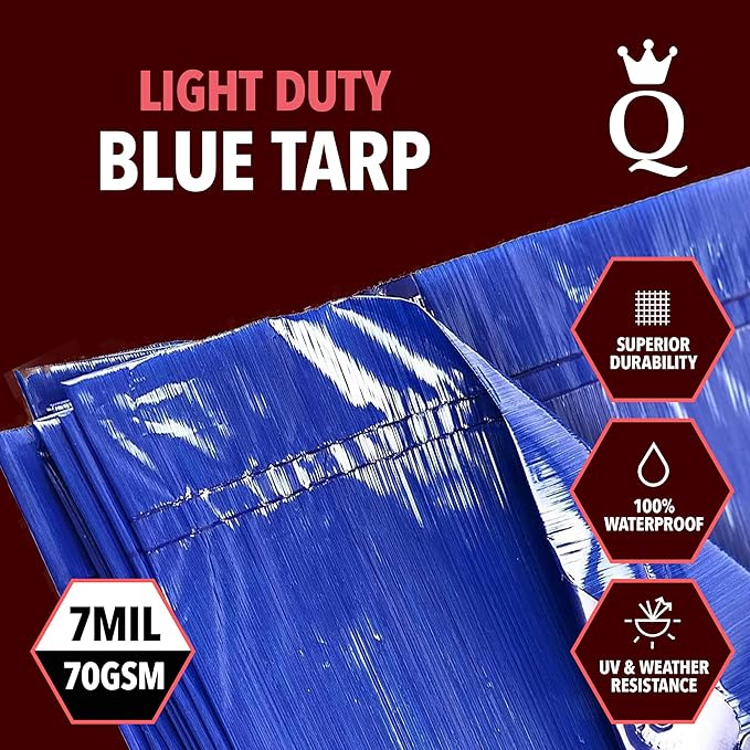QUEEN OF TARPS | 6x8 Light Duty Tarp Waterproof, 70 GSM is 7 MIL, UV/Tear Resistant Tarp, Camping, Outdoor Furniture, Car, Tents, Painting, Firewood Protection | 6x8, Light Duty