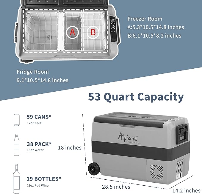 Alpicool T50 Dual Temperature Control 12 Volt Refrigerator 53 Quart Portable Car Fridge Freezer (-4°F~68°F) for Truck, RV, Boat, Camping and Travel