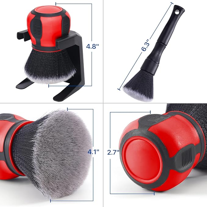 Car Ultra Soft Bristles Detailing Brushes, Curveball XL Synthetic Brushes, Interior Dusting Brush with Storage Rack, Automotive Detail Brush for Truck, SUV, RV, Cleaner for Door Panels- Red