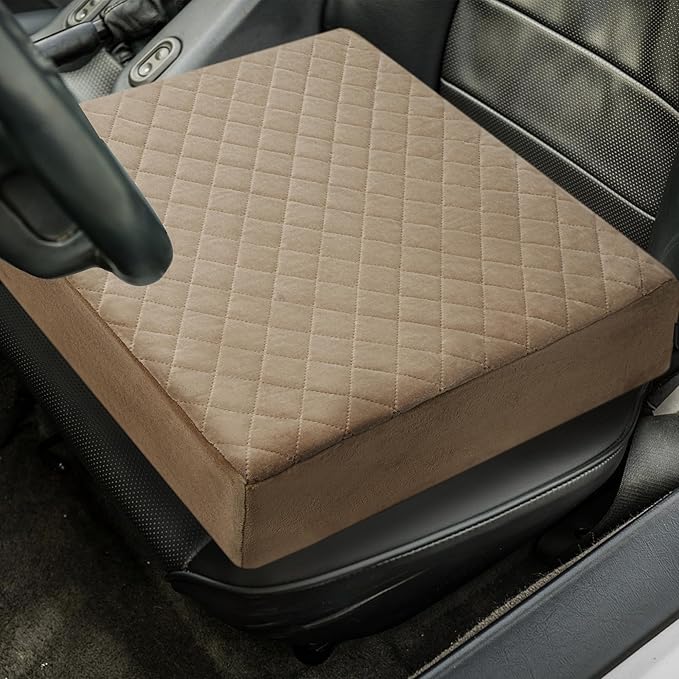 Booster Cushion for Adults - 18x18x5 Medium-Firm Seat Cushion for Home, Office, Wheelchair, Car - Washable Velvety Cover with Waterproof Layer, Removable Strap & Non-Slip Base - Brown