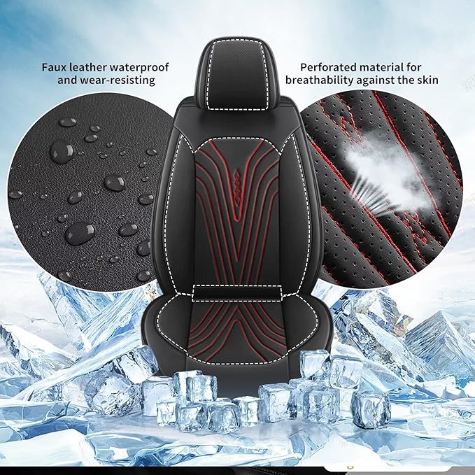 2 Front Car Seat Covers Fit for Nissan Frontier 2009-2024 2025 Ice Silk Leather Breathable Waterproof Automotive Seat Cushion Compatible Airbag (5 Seats&Red Line)