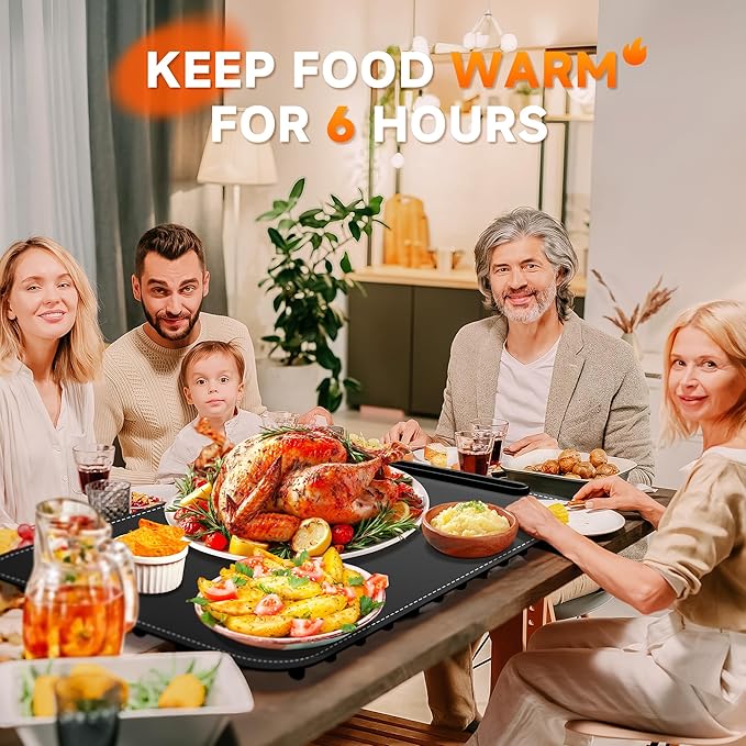 Warming Mat for Food - Electric Warming Tray, Full Surface Rapid Heating Food Warmer Mat with 6 Temperature Settings, Silicone Heating Pad for Party Buffet, Great Gift for Women (Black, XL)