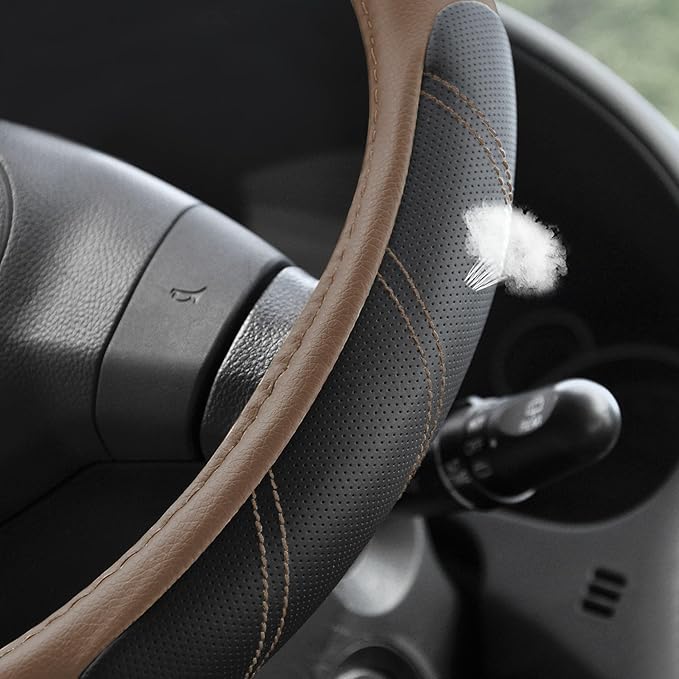 Elantrip Leather Steering Wheel Cover 14 1/2 to 15 inch Universal Padded Soft Grip Breathable for Car Truck SUV Jeep Anti Slip Brown