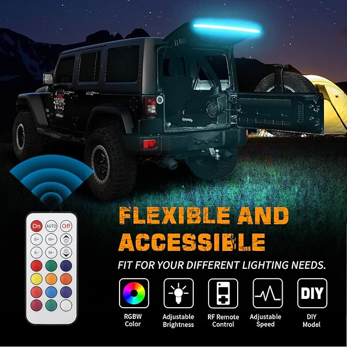XRIDONSEN 40 Inch RGBW Rear Window Lift Gate Dome Light Strip Back Glass Tailgate Hatch Trunk Cargo Camping Light RF Wireless Remote Compatible with Jeep Wrangler JL JK YJ TJ JKU JLU 2/4-Door SUV