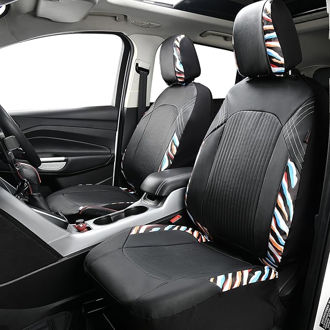 Flying Banner Synthetic Leather car seat Covers Full Set Front and Rear Bench Fashion Easy Installation Cup Holder Free (Black & Colorful Zebra Print, Low Bucket - Full Set)