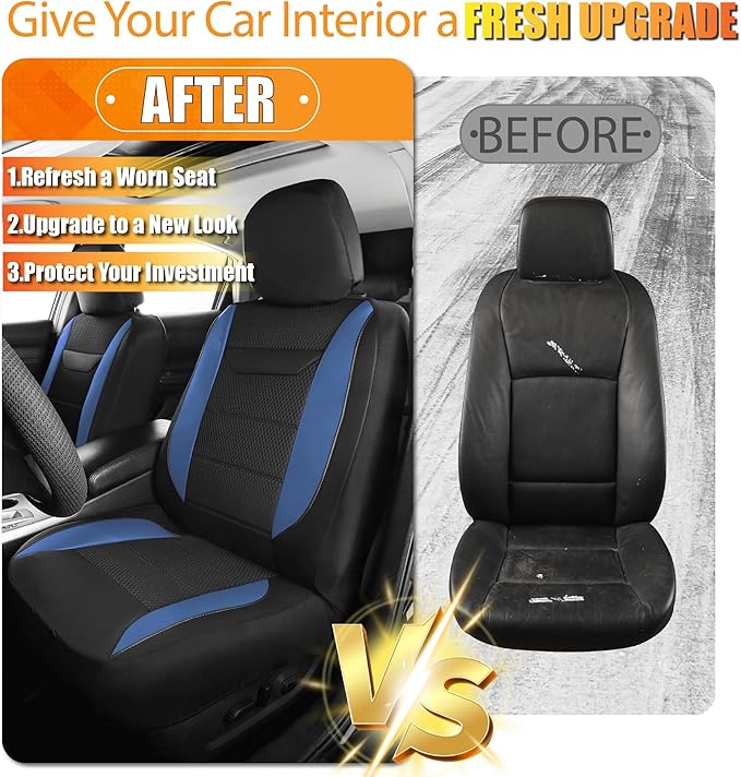 kingphenix 2PCs Memory Foam Leather Car Seat Covers, Breathable 4D Mesh, Easy Install Automotive Seat Protectors, Airbag Compatible, Universal Fit for Cars, Trucks, Vans, SUV - Blue