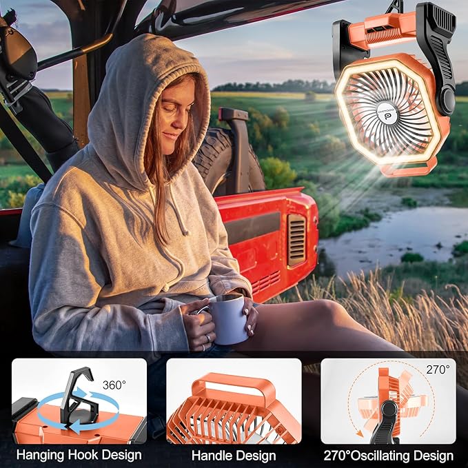 Odoland Rechargeable Camping Fan, 20000mAh Battery Fans with LED Lantern for Tent Car Beach Storm, Portable Light Desk Cooling Fan for Picnic Power Outage Hurricane, Orange