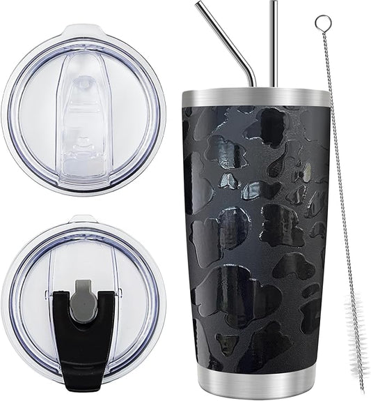 WETOWETO 20oz Tumbler with 2 lids and 2 straws, Stainless Steel Vacuum Insulated Water Coffee Tumbler Cup, Double Wall Powder Coated Spill-Proof Travel Mug Thermal Cup (Black Leopard, 1 Pack)
