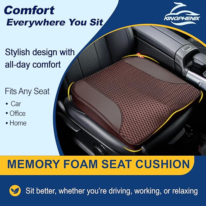 kingphenix Car Seat Cushion – Memory Foam Pad for Driving Comfort – Boosts Height and Relieves Coccyx & Lower Back Pain – Car, Truck, Office Chair (Brown)
