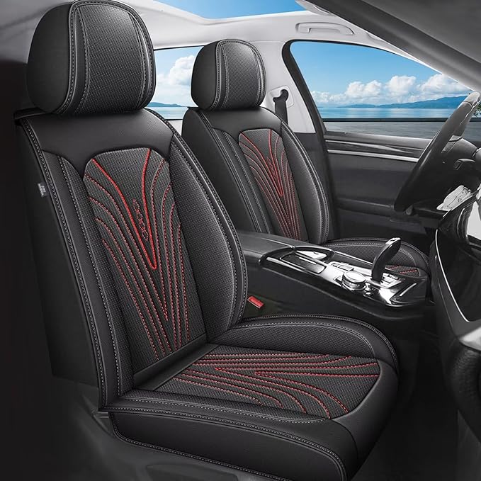 2 Front Car Seat Covers Fit for Nissan Frontier 2009-2024 2025 Ice Silk Leather Breathable Waterproof Automotive Seat Cushion Compatible Airbag (5 Seats&Red Line)