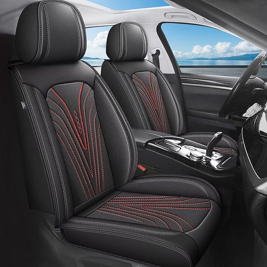 2 Front Car Seat Covers Fit for Nissan Frontier 2009-2024 2025 Ice Silk Leather Breathable Waterproof Automotive Seat Cushion Compatible Airbag (5 Seats&Red Line)