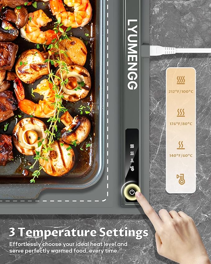 Warming Mat for Food,10s Rapid Warm Food Warming Mat,3-Temp Portable Food Warmer,Fast Heating BPA-Free Auto Shut Off Chafing Dishes For Buffet,Roll Up Food Warmers For Parties Buffet Grey