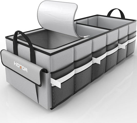 HOTOR Collapsible Car Trunk Organizer with Built-In Leakproof Cooler - Multi-Compartment Storage for SUV, Sedan & Vehicles, Base Panel Included (3 Sections,Grey, 31.9"×12.6"×10.6")