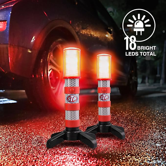 XTREME STP Emergency LED Road Flares, 3 Separate Lighting Modes: Flashing Red, Solid Red and White Flashlight, Visible From Up To A Mile, Foldable Stands/Built-In Magnet Sticks To Car