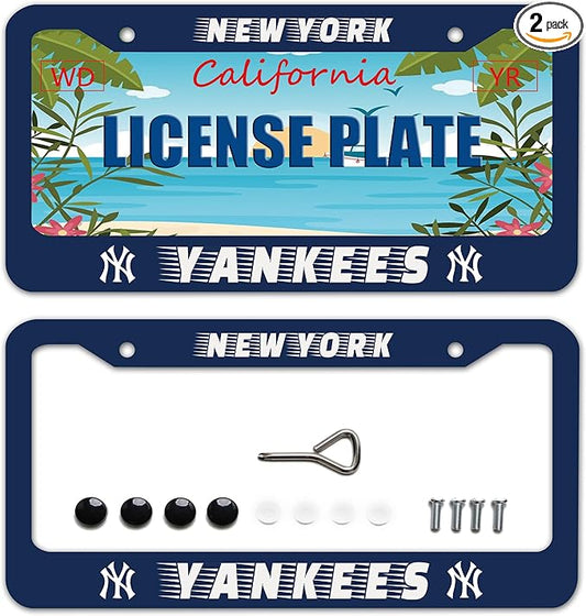 2 Pack Blue Yankees Design License Plate Frame Durable New York Baseball Team Decorative Stainless Steel Car License Plate Cover for Men Women Boys Girls Fans 12 X 6 Inch