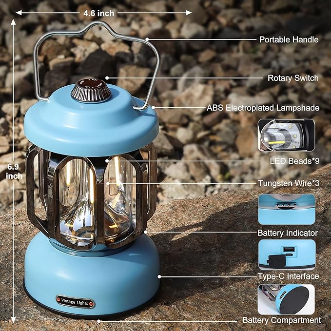 Rechargeable LED Camping Lanterns, Vintage Camping Lights Battery Operated, Portable Retro Metal Glamping Lights for Hiking, Hurricane, Decoration, Power outages, Blue, 2 Pack