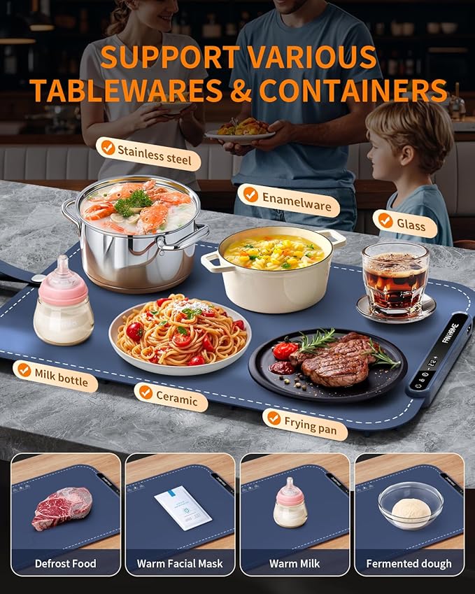 Warming Mat for Food, Electric Warming Tray with 7 Temperature Settings and 6 Hours Timer, Rapid Full Surface Heating, Rollable Portable Food Warmers for Parties, Buffet, Gatherings, Thawing