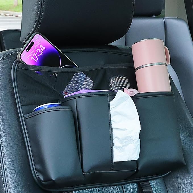 Amooca Car Backseat Organizer PU Leather Storage Bags Travel Accessories Large Pockets for Water Bottle Drink Tissue with Hooks