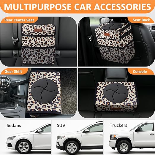 Cute Car Trash Can, Car Accessories for Women Interior Can Trash Bag Hanging Automotive Garbage Cans Leopard Pattern