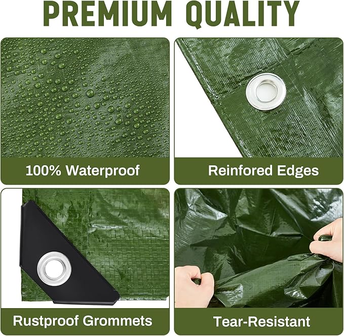 4 Pack 8 x 10 ft 5.5 Mil Large Tarps Heavy Duty Waterproof Tarp Multi Purpose Tent Cover for Home Boats Cars Camping Patio Furniture Roof Emergency Rain Protective Cover, Army Green