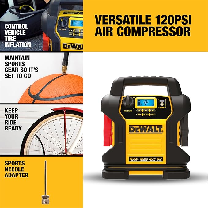 DEWALT DXAEJ14 Digital Portable Power Station Jump Starter - 1600 Peak Amps with 120 PSI Compressor, AC Charging Cube, 15W USB-A and 25W USB-C Power for Electronic Devices