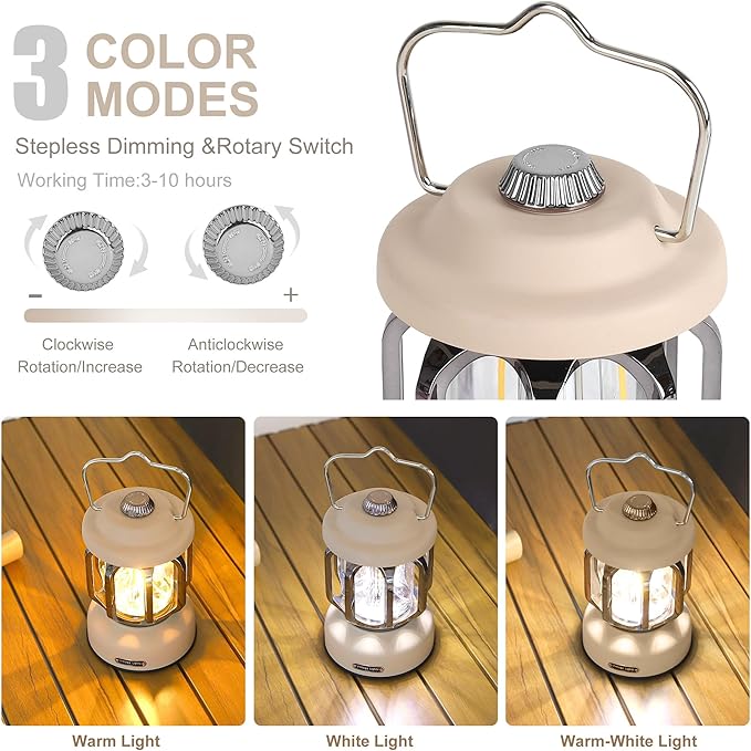 Rechargeable LED Camping Lanterns, Vintage Camping Lights Battery Operated, Portable Retro Metal Glamping Lights for Hiking, Hurricane, Decoration, Power outages, White, 2 Pack