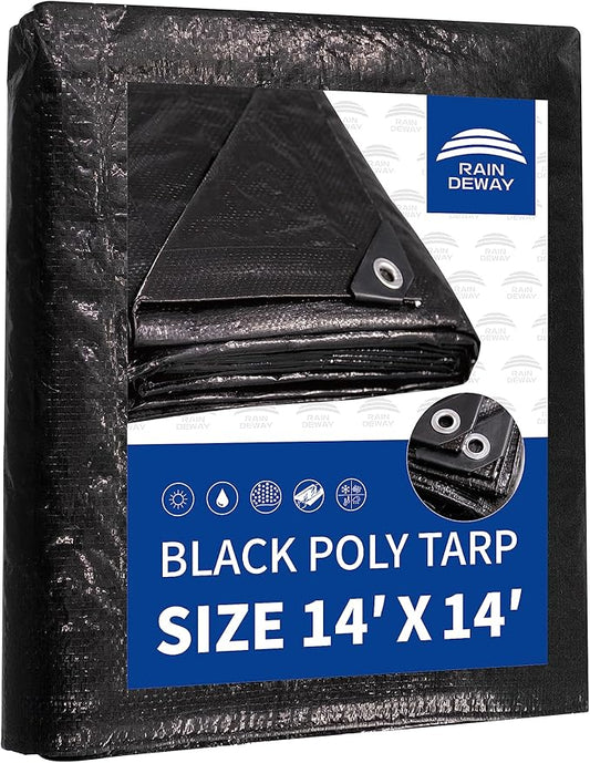 RAINDEWAY Large Black Tarp 14x14 Feet, UV Resistant, 8 Mil Multipurpose Medium Duty Waterproof Poly Tarp Cover with Metal Grommets and Reinforced Edges by RAINDEWAY