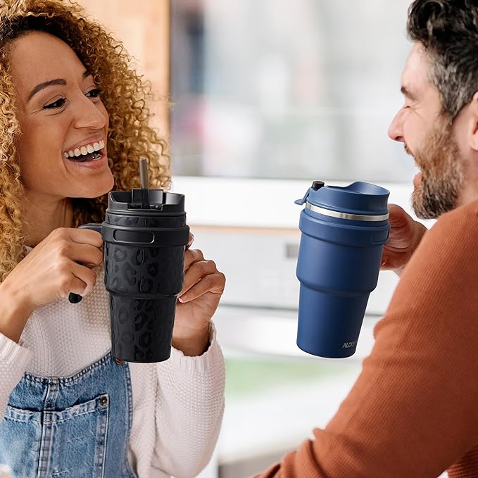 ALOUFEA 20 oz Insulated Coffee Mug Tumbler with Handle, Stainless Steel Travel Mug Tumbler with Lid and Straw,Double Wall Vacuum Leak Proof Ice Coffee Thermal Cup, Black and Navy