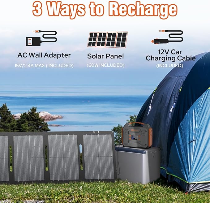 300W Solar Powered Power Bank Generator with 60W Panel, Portable Solar Power Station with DC AC Outlet 110V for Laptop Smart Devices RV Outdoor Camping