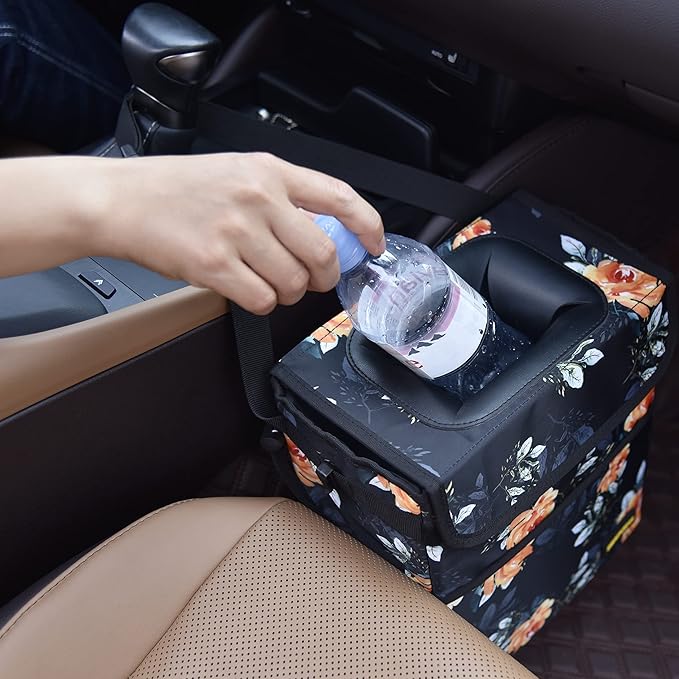 Cute Car Trash Can with Lid – Multipurpose Collapsible Trash Bin for Car, Leak-Proof Organizer, Waterproof Garbage Can with Storage Pockets & Adjustable Straps, 2 Gallons (Flower)