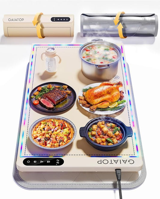 Gaiatop Food Warmers for Parties Buffet with RGB Edge, Electric Warming Mat for Countertop, 6 Temp Level 122℉-212℉, 6 Timer Settings, Full-Surface Fast Heating, Portable Silicone Food Warmer, Cream