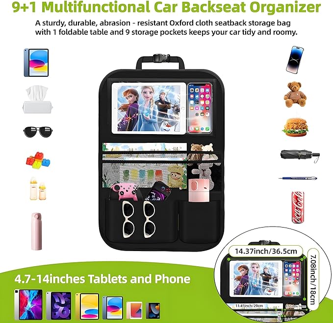 2PC Backseat Car Organizers with Foldable Tablet Holder &Touch Screen Tablet Holder -9+1 Storage Pockets Waterproof Kick Mats Back Seat Protector Car Organizers Road Trip Essentials