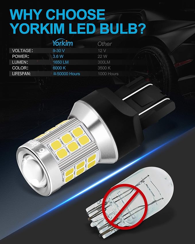 Yorkim 7443 led bulb, super bright 7440 led bulb T20 LED Bulbs with Projector Replacement for led Reverse Blinker Brake Tail Lights, 6000K Xenon White, pack of 2