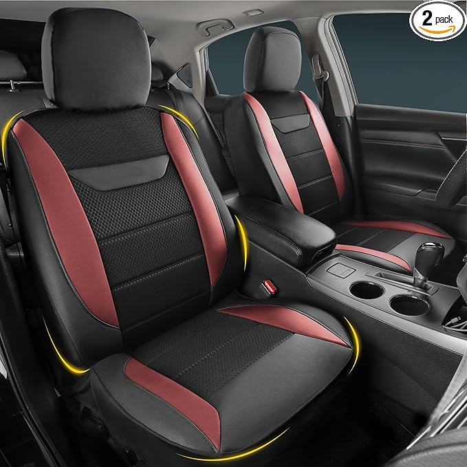 kingphenix 2PCs Memory Foam Leather Car Seat Covers, Breathable 4D Mesh, Easy Install Automotive Seat Protectors, Airbag Compatible, Universal Fit for Cars, Trucks, Vans, SUV - Red