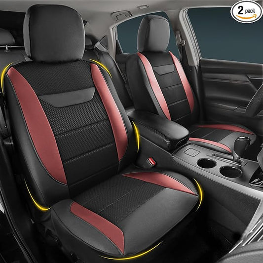 kingphenix 2PCs Memory Foam Leather Car Seat Covers, Breathable 4D Mesh, Easy Install Automotive Seat Protectors, Airbag Compatible, Universal Fit for Cars, Trucks, Vans, SUV - Red