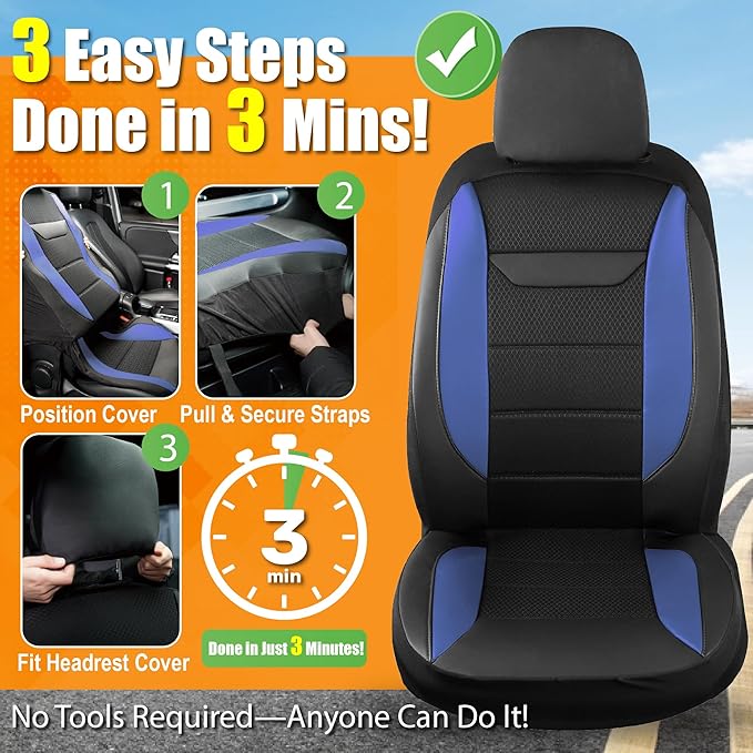 kingphenix 2PCs Memory Foam Leather Car Seat Covers, Breathable 4D Mesh, Easy Install Automotive Seat Protectors, Airbag Compatible, Universal Fit for Cars, Trucks, Vans, SUV - Blue