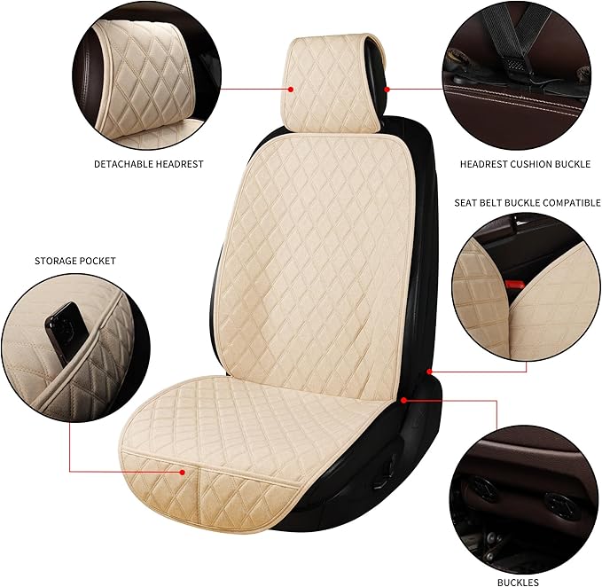 2PCS Linen Front Seat Covers for Cars Sideless Seat Covers Breathable Cloth Fabric Car Seat Protector Universal Fit Most Automotive, SUV, Trucks, Van(Beige)