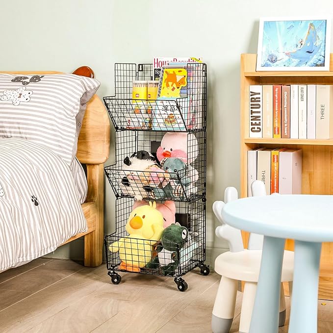 Outdoor Toy Storage Basket, Play Kitchen Organizer with 5 S-Hooks,3 Tier Rolling Storage Cart Garage, Pantry Floor Snack Cart with Wheels,Toy Shelf Dog Storage Organizer Kids Bookshelf