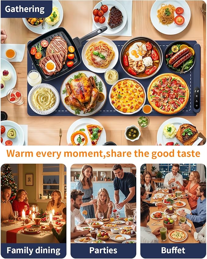 Extra Large Food Warming Mat, 36"x16" Electric Warming Tray with 6 Level Temperature Settings & 6 Hours Timer, Graphene Full Surface Rapid Heating, Roll Up Food Warmers for Parties, Gatherings