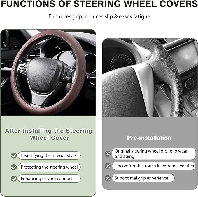 【2025 Model】 Premium Nappa Leather Car Steering Wheel Cover for Men Women, Non-Slip, Breathable, Universal 15 inches Steering Wheels, Brown