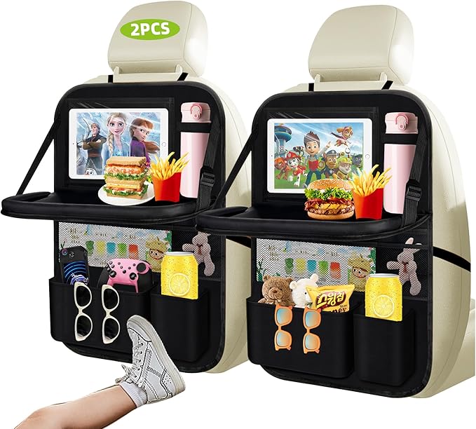 2PC Backseat Car Organizers with Foldable Tablet Holder &Touch Screen Tablet Holder -9+1 Storage Pockets Waterproof Kick Mats Back Seat Protector Car Organizers Road Trip Essentials