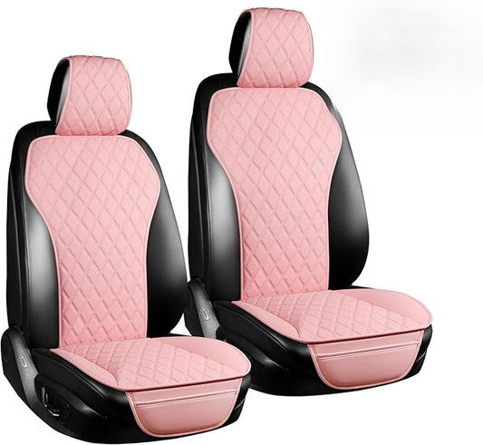 2PCs Front Car Seat Covers, Leather Seat Covers with Steering Wheel Cover and Two Seat Belt Pads, Waterproof Seat Covers for Cars Universal Fit 95% Vehicles (Pink)