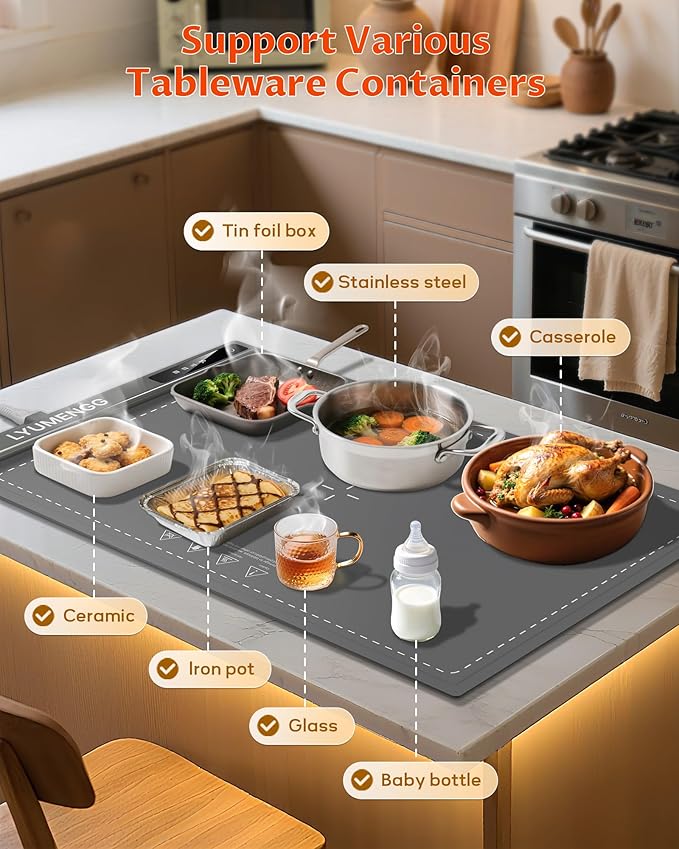 Warming Mat for Food,10s Rapid Warm Food Warming Mat,3-Temp Portable Food Warmer,Fast Heating BPA-Free Auto Shut Off Chafing Dishes For Buffet,Roll Up Food Warmers For Parties Buffet Grey