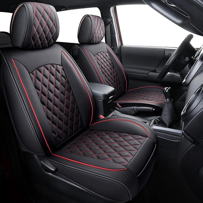 Aierxuan Toyota Tacoma Seat Covers Custom Fit 2005-2025 TRD Pro Army Green Trail Edition SR Double Cab Pickup Truck Waterproof Leather Front Car Cushions 2 PCS Front Black-Red