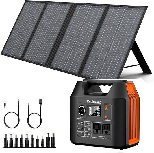 EnginStar Portable Power Station, 300W 296Wh Battery Bank with 110V Pure Sine Wave, 60W Foldable Solar Panel with 18V DC Outlet for Portable Power Stations